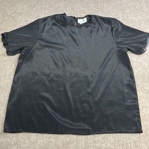 Vintage Sarah Stephen Black Satin Blouse Women’s 16 Short Sleeve Scalloped Shell